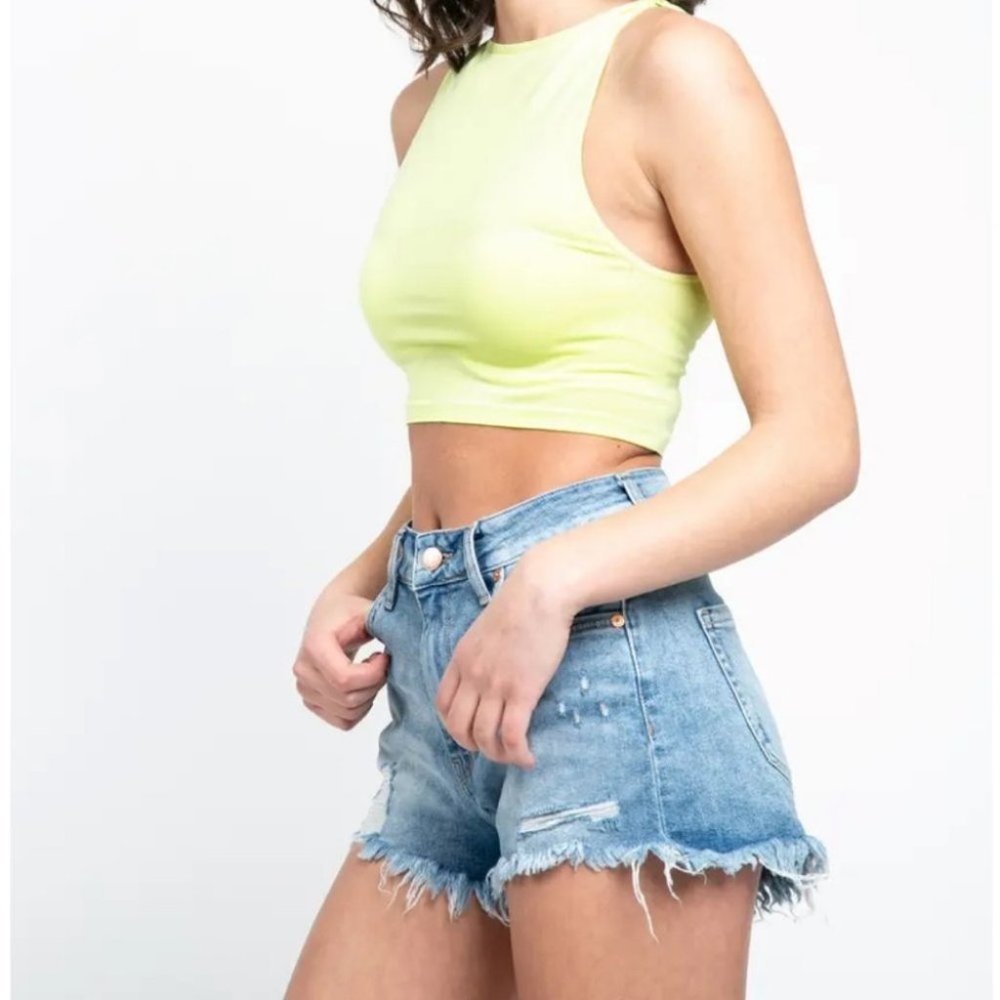 Casual High-Waist Distressed Denim Shorts - Light Blue